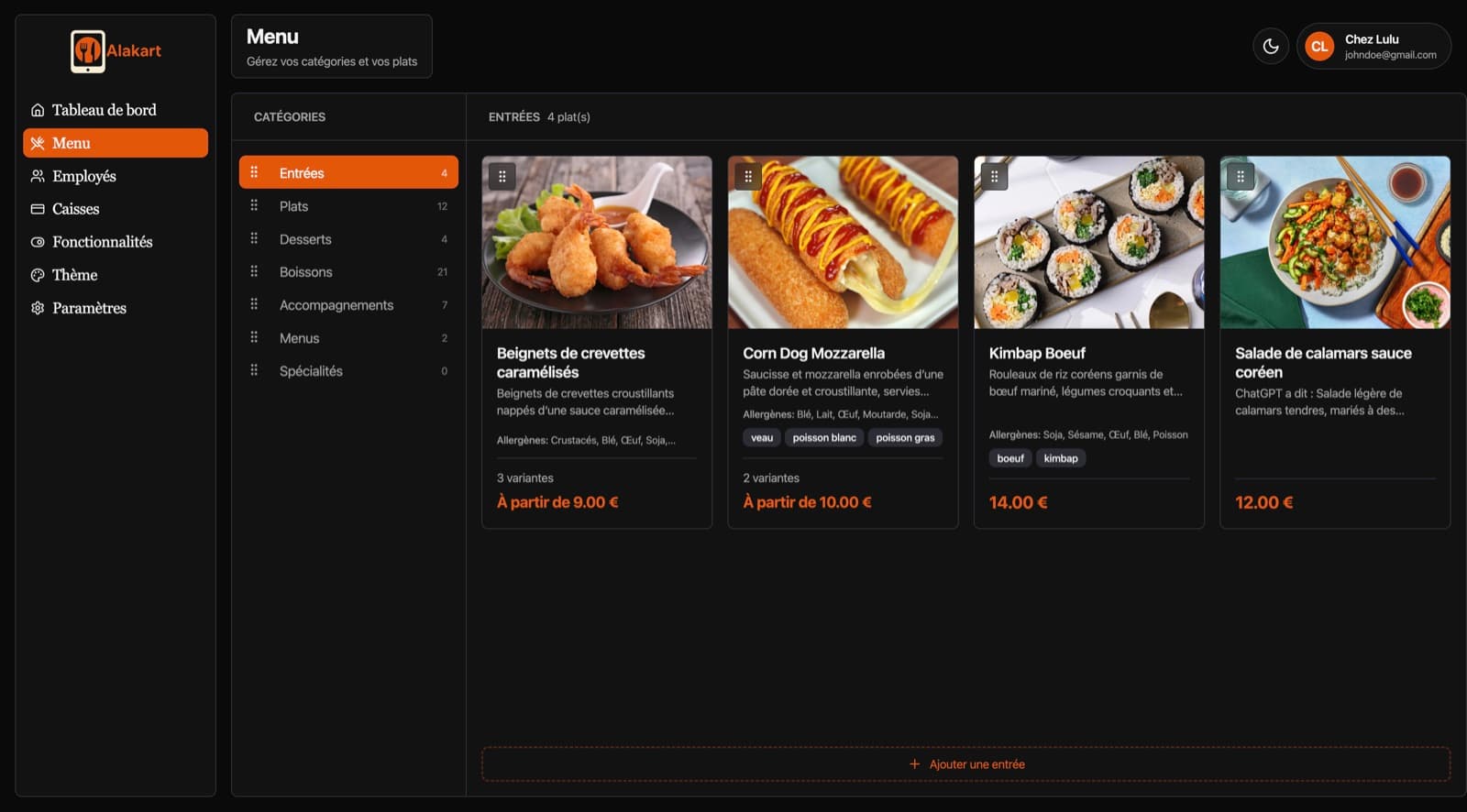 Dashboard admin restaurant