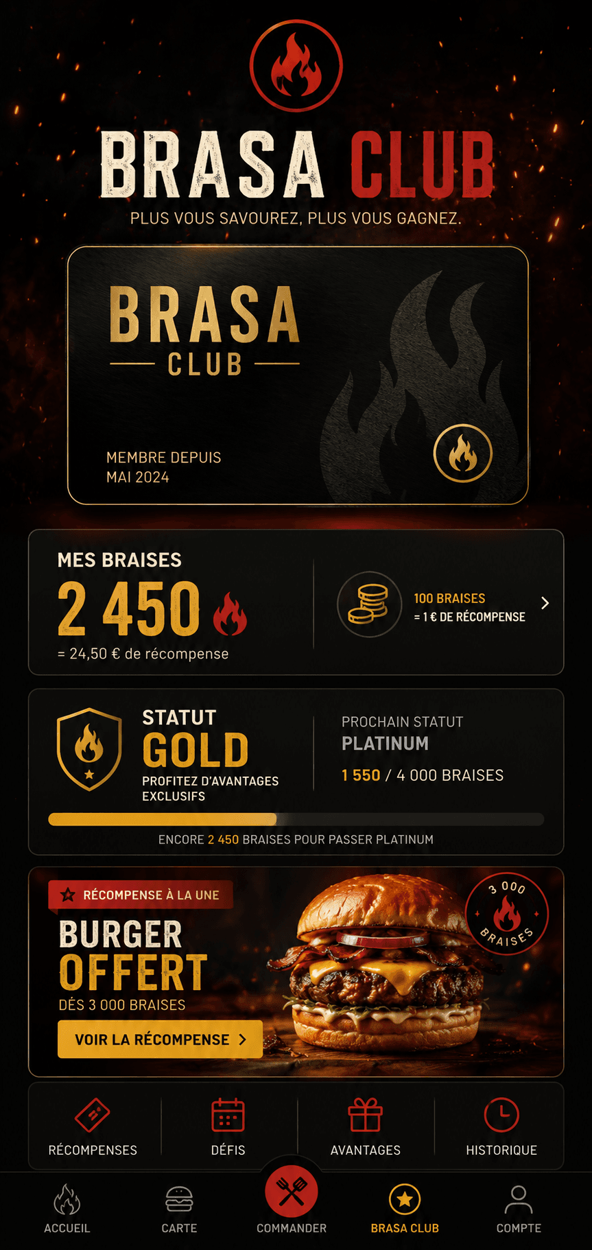 Ecran app Brasa Club avec programme de fidelite