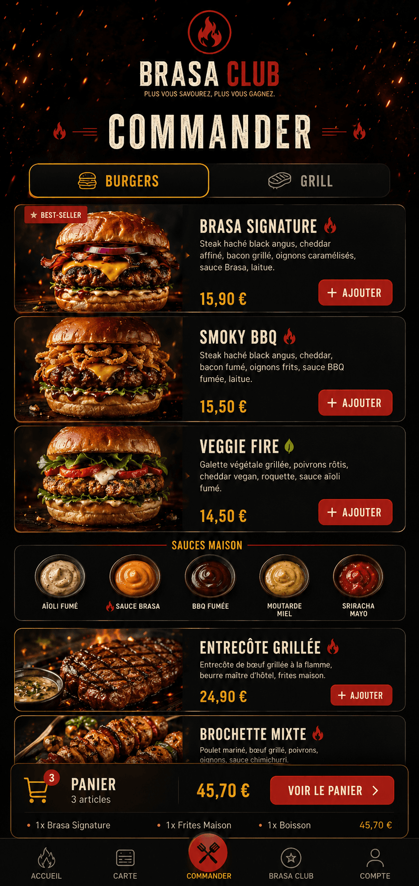 Ecran app Brasa Club avec menu de commande