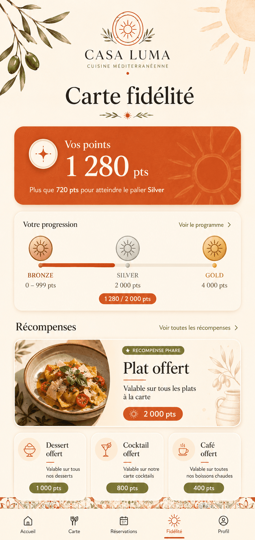 Ecran app Casa Luma avec carte fidelite