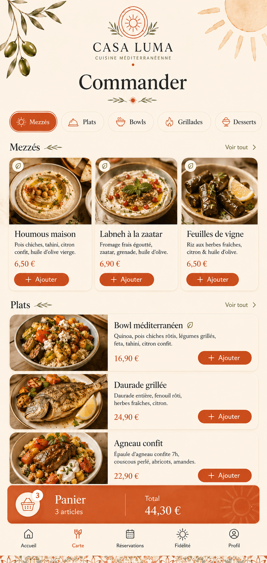 Ecran app Casa Luma avec menu de commande