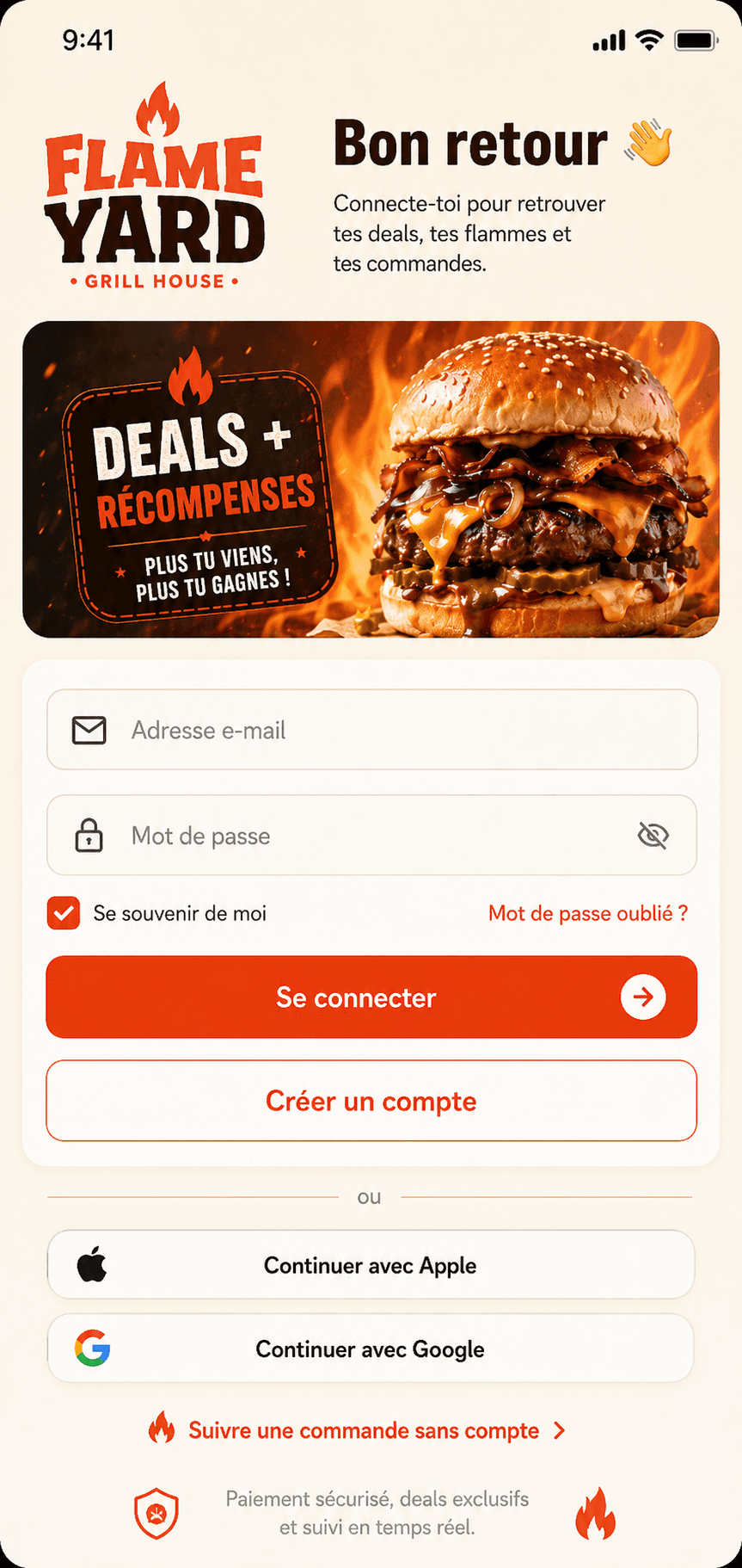 Ecran app Flame Yard pour se connecter