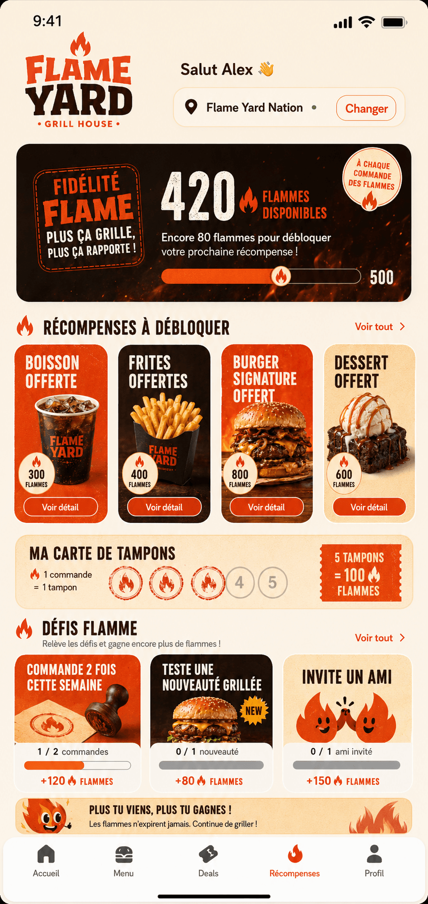 Ecran app Flame Yard avec programme de fidelite Flamme