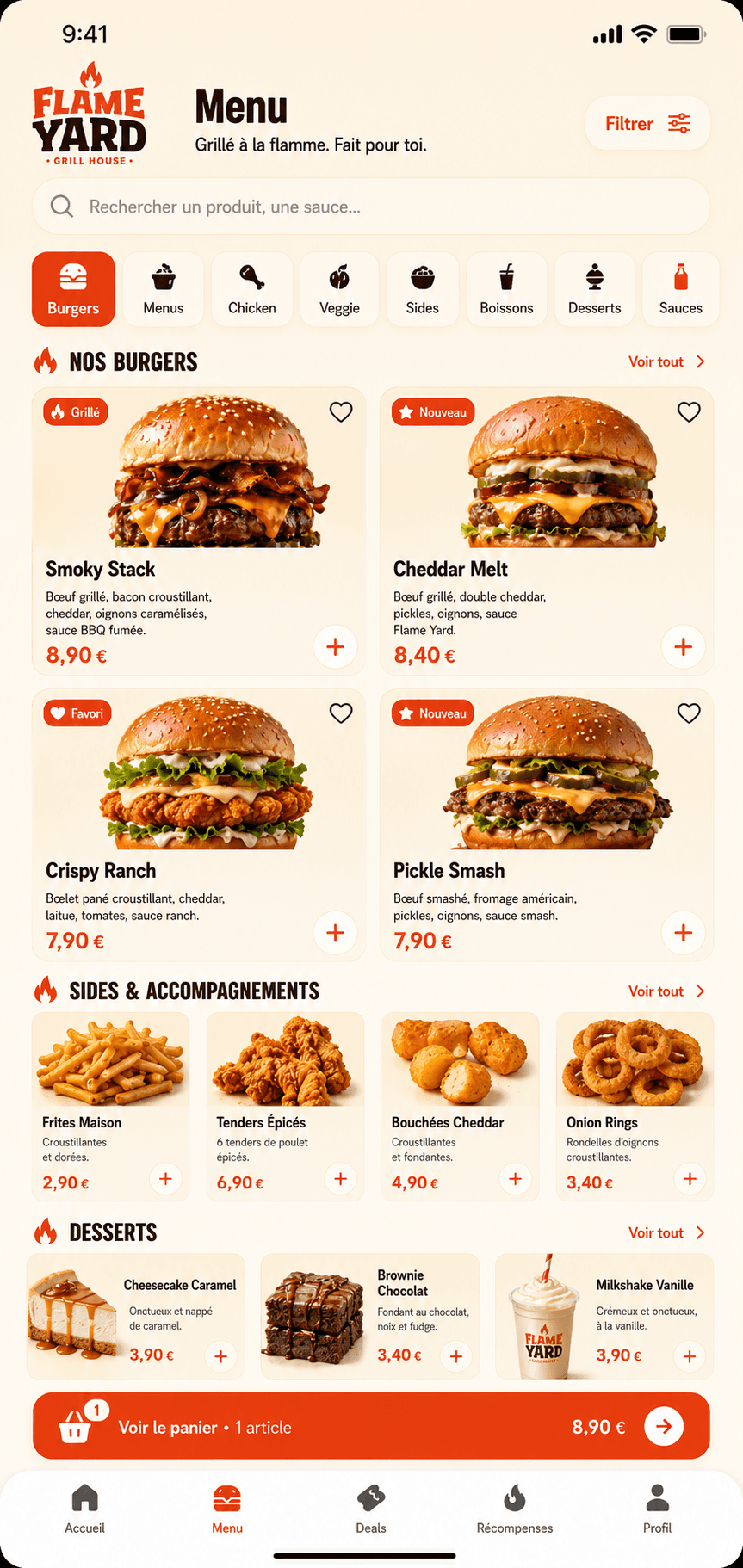 Ecran app Flame Yard avec menu de burgers grilles