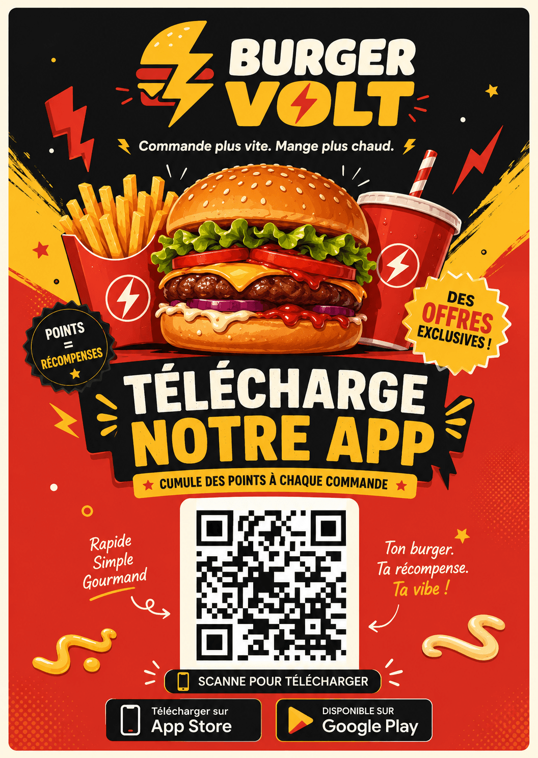 Flyer A6 Burger Volt avec QR code et badges de téléchargement