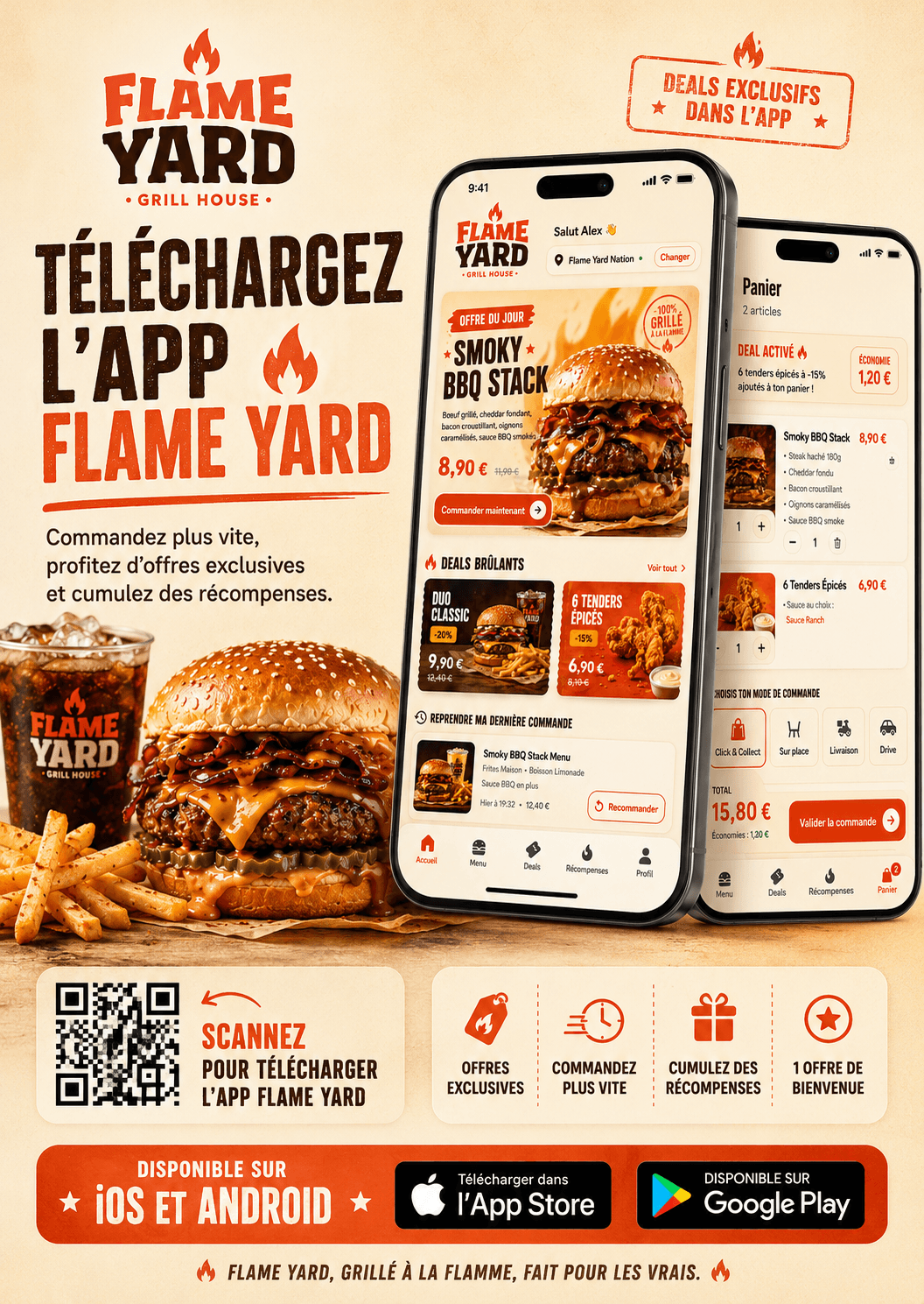 Flyer Flame Yard présentant l'application mobile et son QR code de téléchargement
