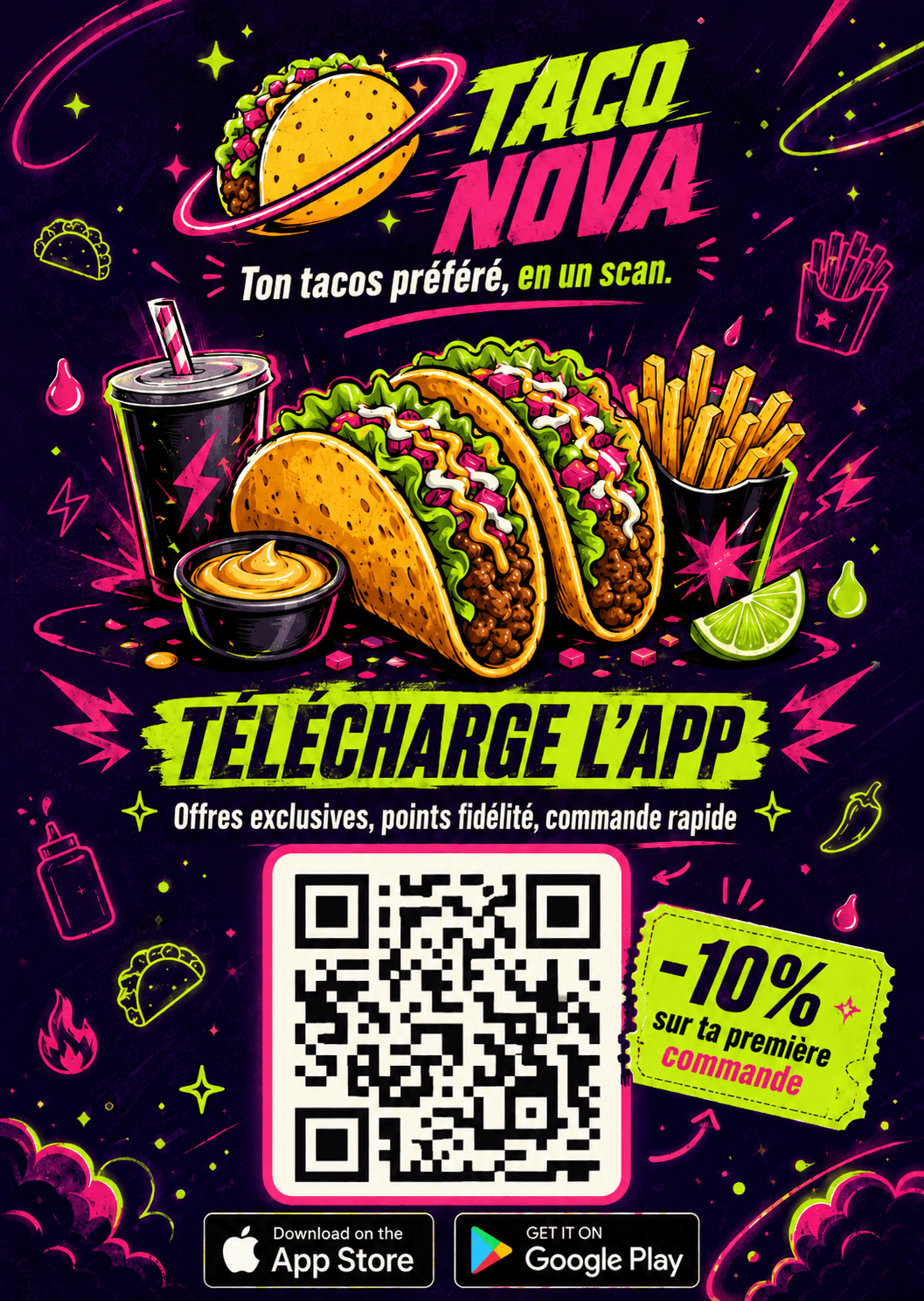 Flyer A6 Taco Nova avec QR code et badges de téléchargement