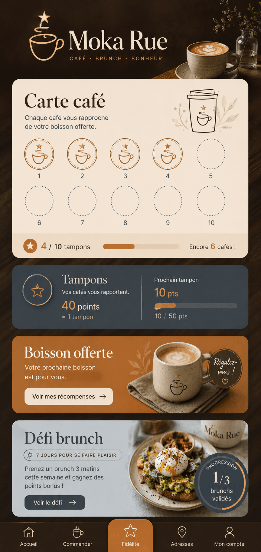 Ecran app Moka Rue avec carte cafe fidelite