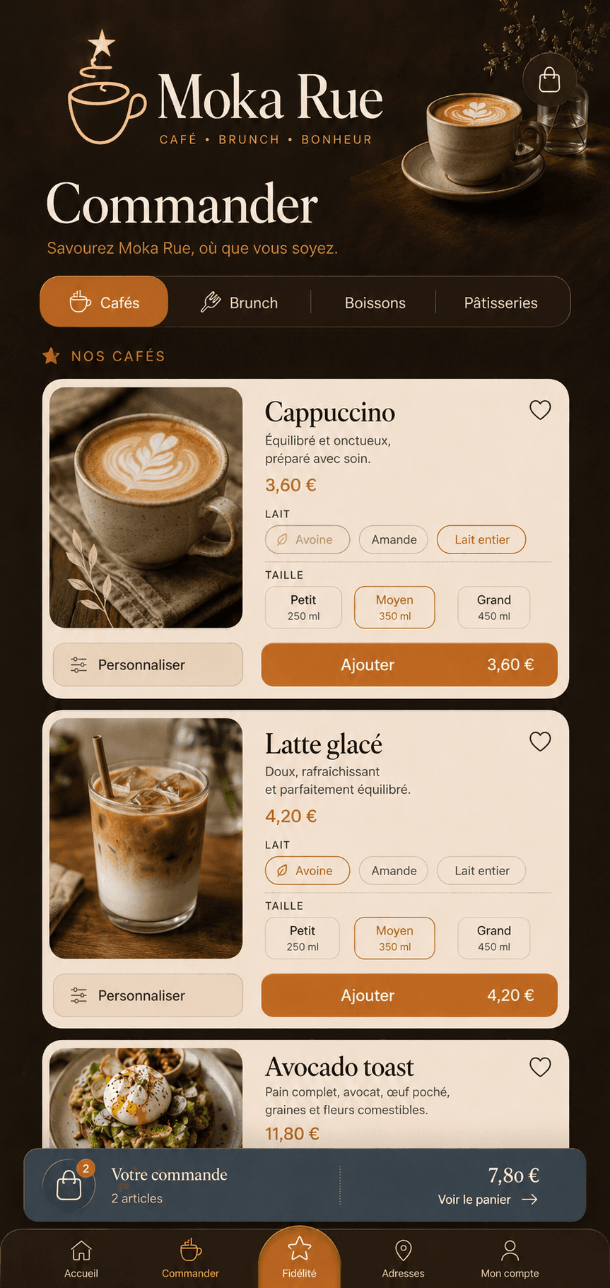 Ecran app Moka Rue avec menu de commande