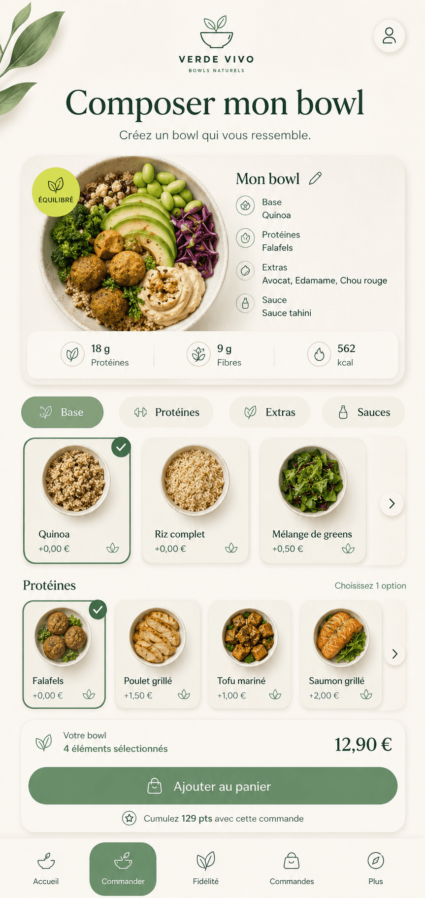 Ecran app Verde Vivo pour composer un bowl