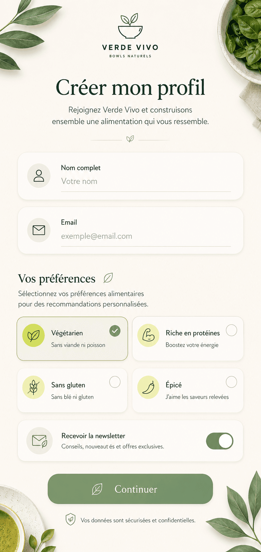 Ecran app Verde Vivo pour creer un profil