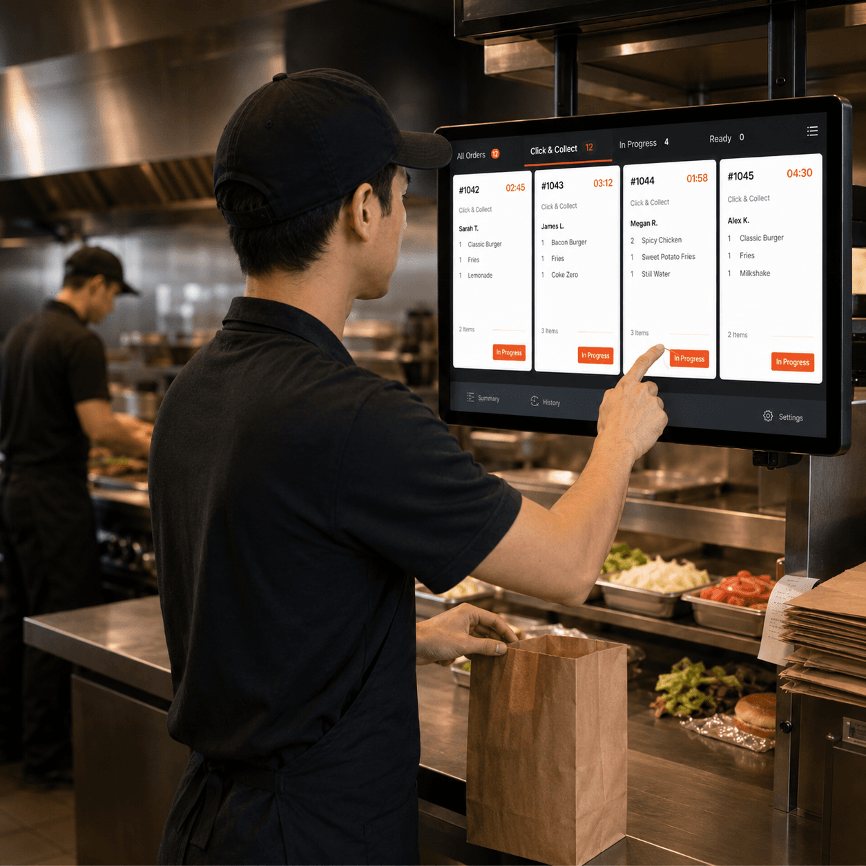 Employé utilisant un écran cuisine KDS dans une cuisine de fast-food