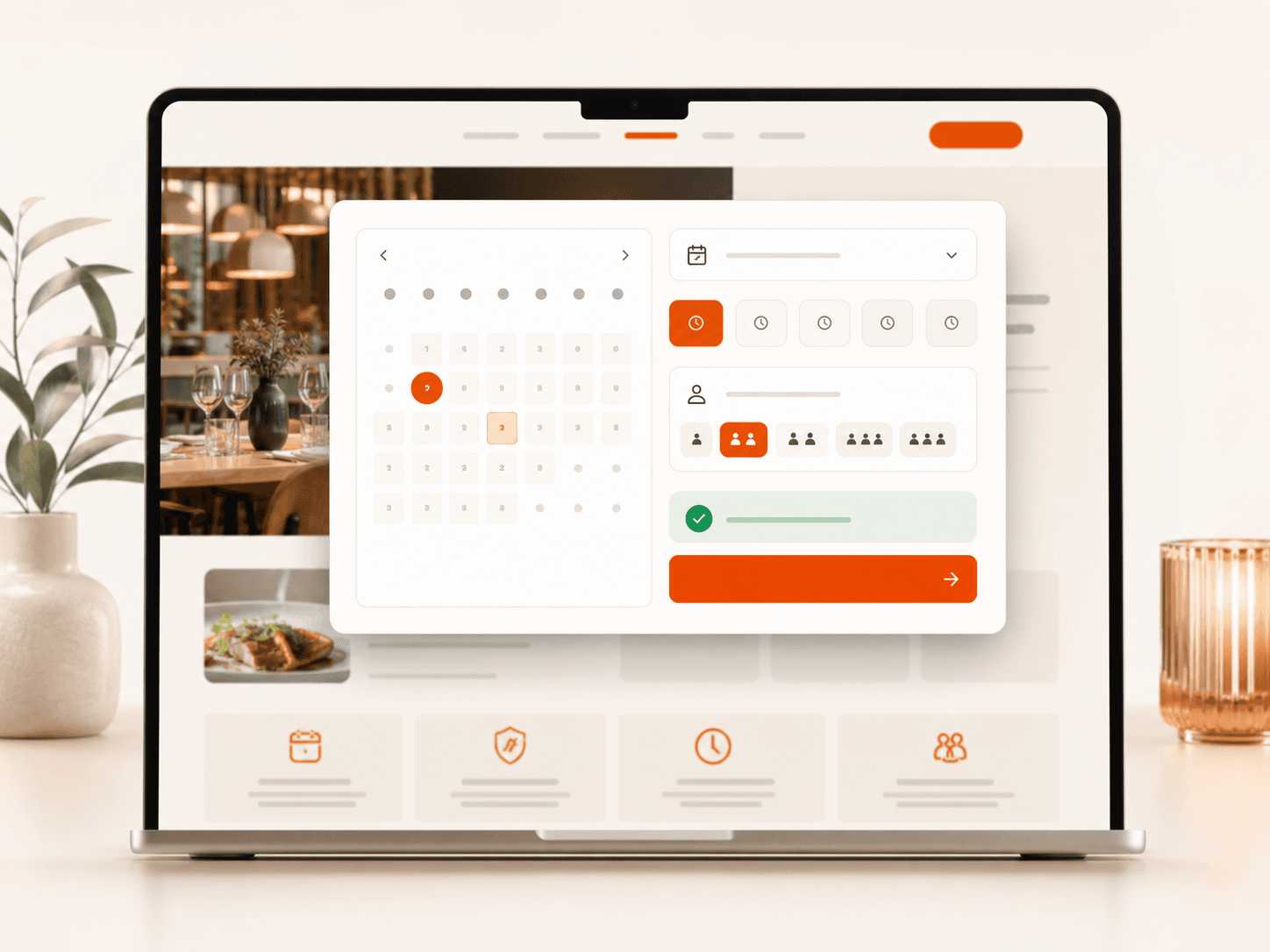 Widget de réservation en ligne avec choix de date, heure et nombre de couverts