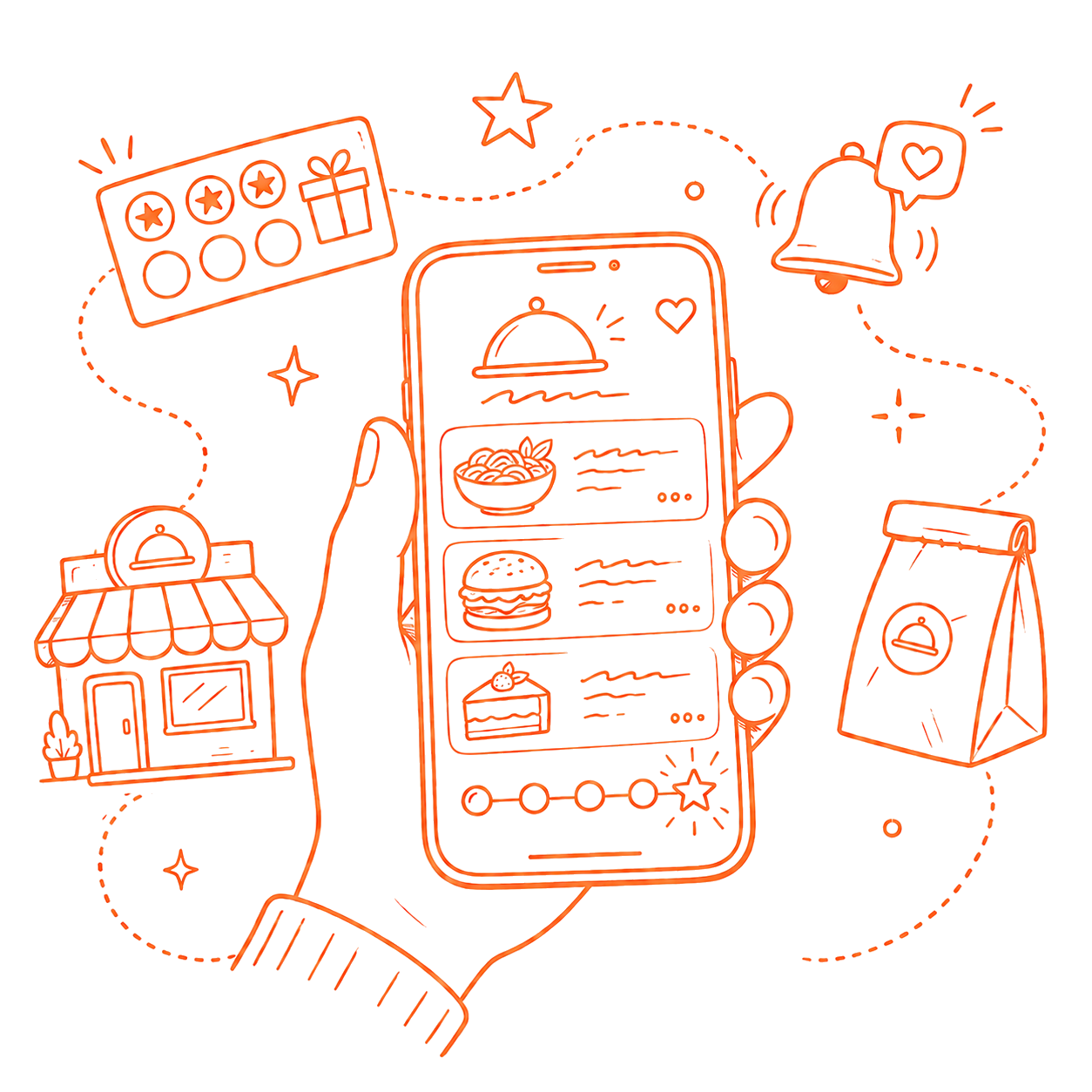 Illustration au trait d'une application mobile de restaurant