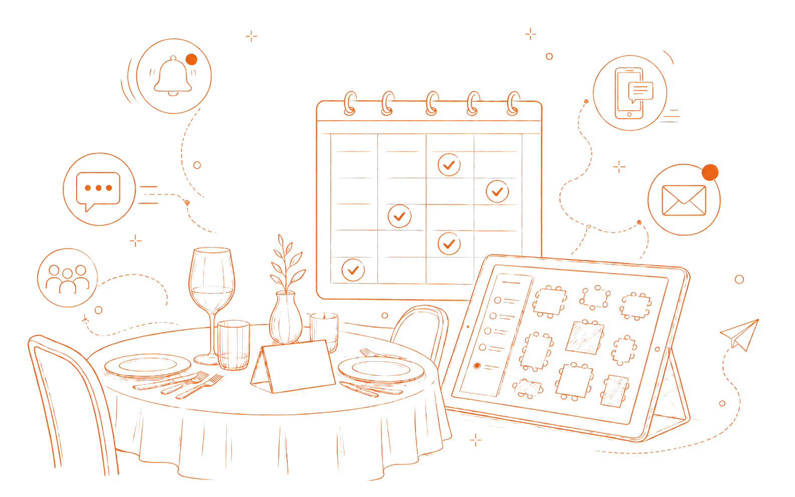 Illustration au trait d'un calendrier de réservations et d'un plan de salle de restaurant