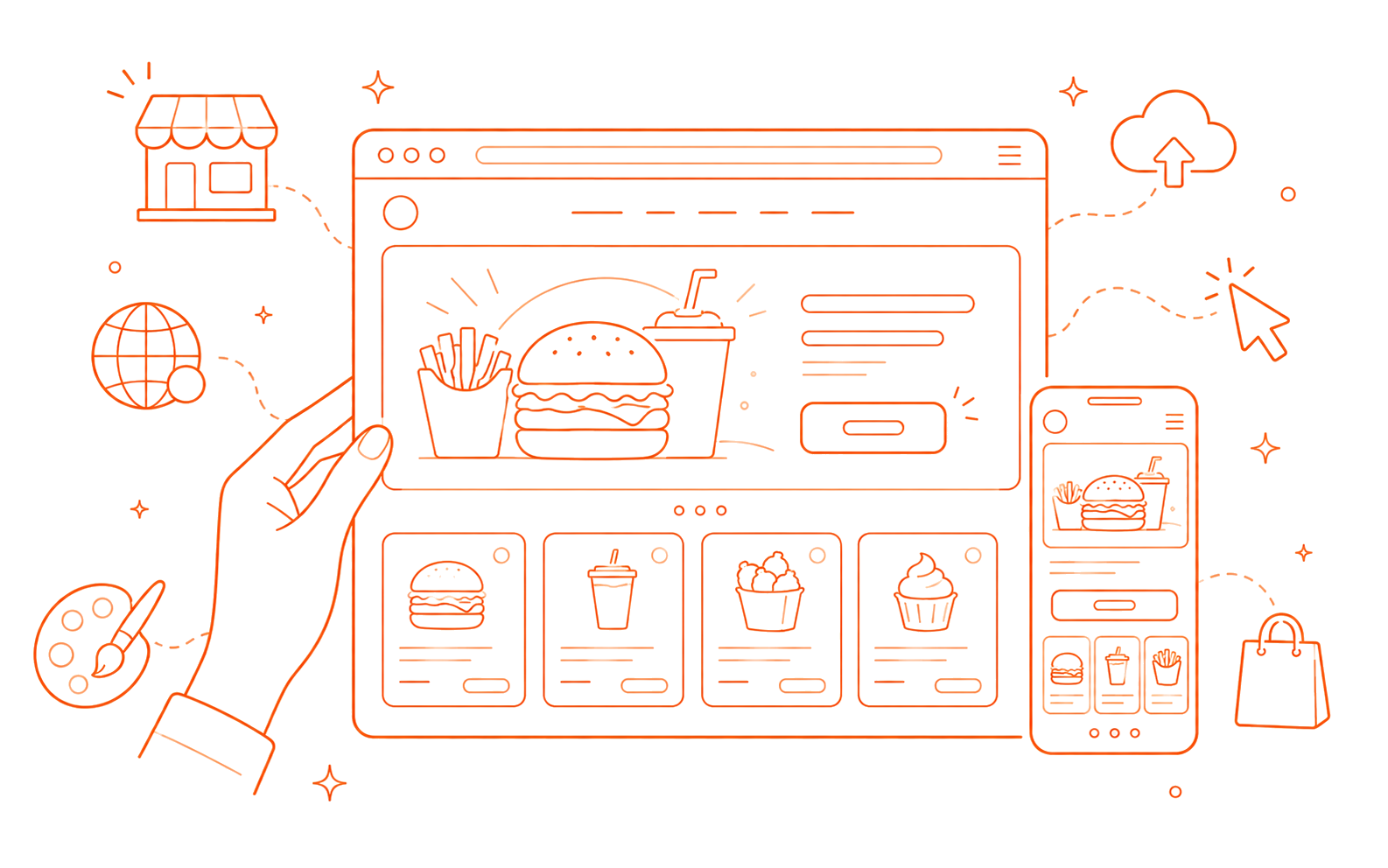 Illustration au trait d'un site web de restaurant